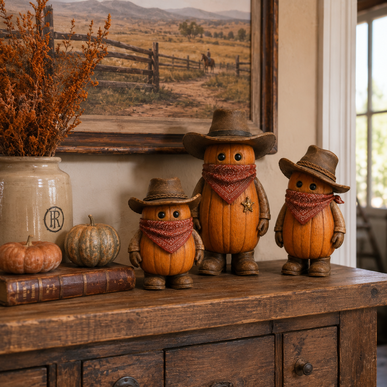 The Pumpkin Posse – Vintage Western Pumpkin Cowboy Figurines, Set of 3-HandPrint