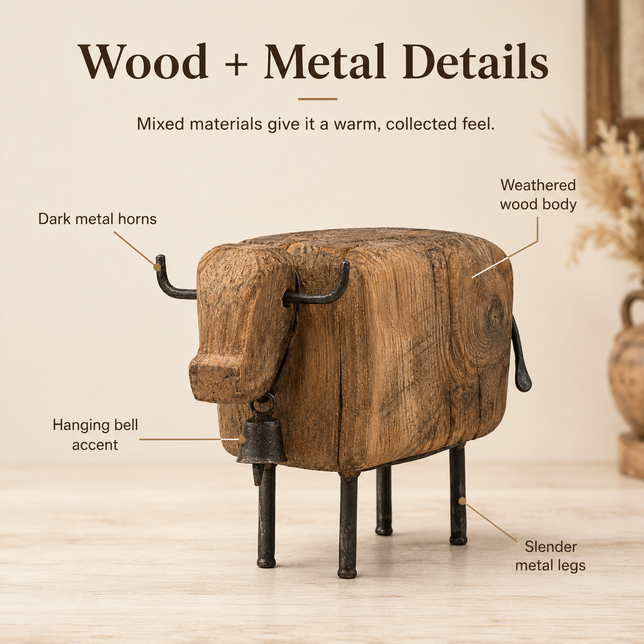 Vintage Wooden Cow Figurine with Metal Bell-HandPrint