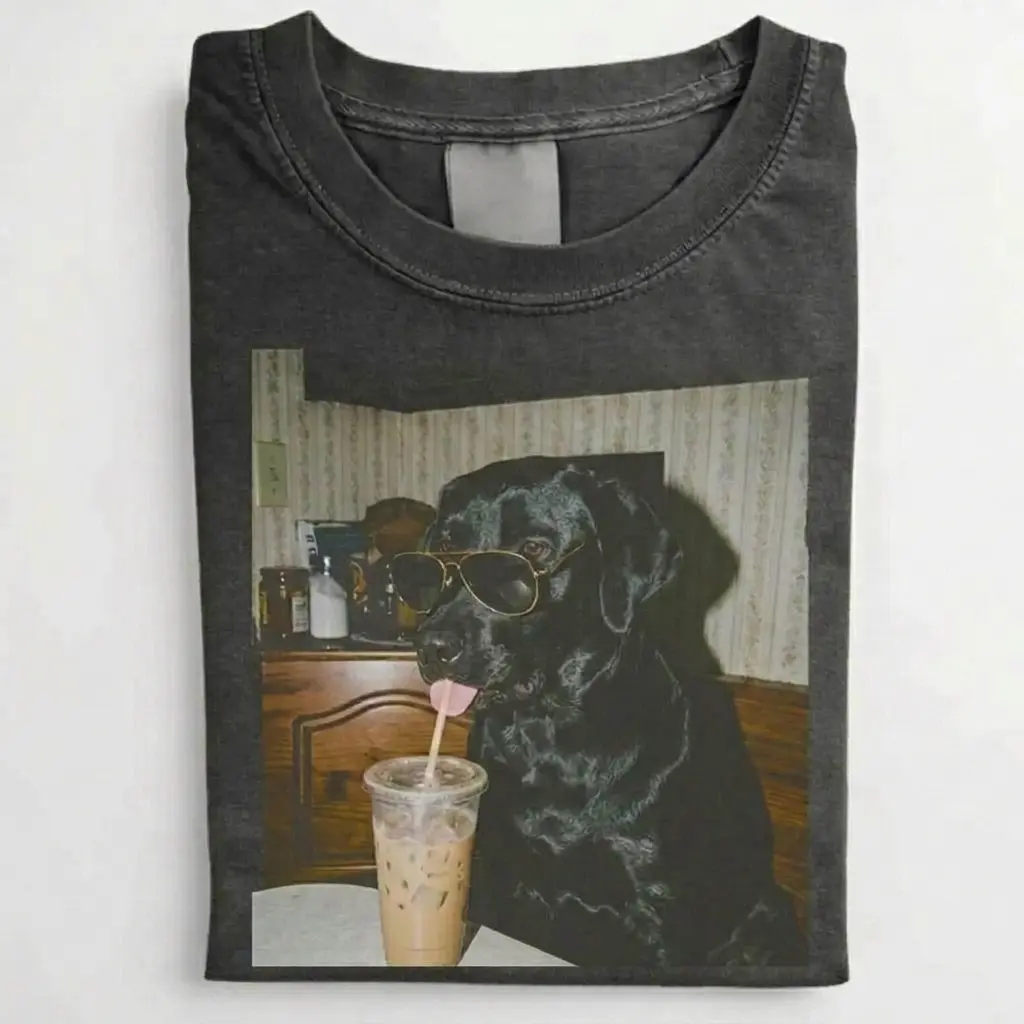 Black Labrador Drinking Iced Coffee T-shirt-NaturexCraft