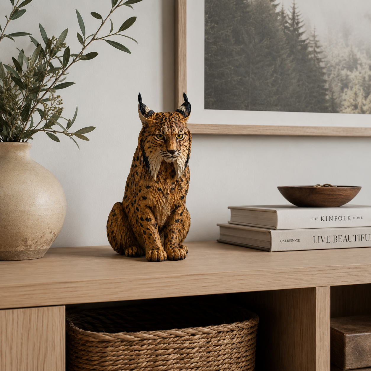 🐾 Hand-Carved Wooden Lynx Sculpture-HandPrint