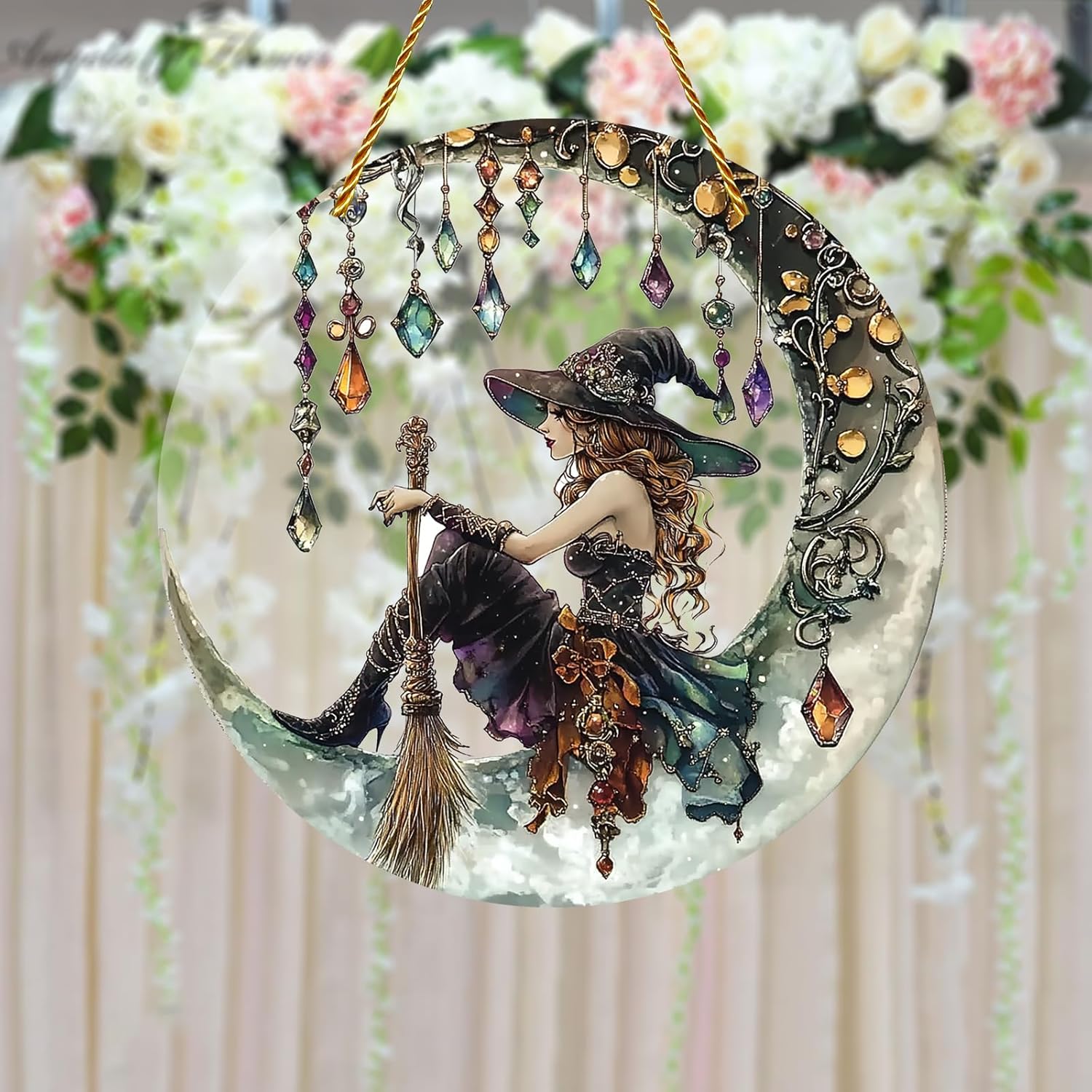 Halloween Charming Moonlight Witch Glass Window Hanging Sun Catcher-HandPrint