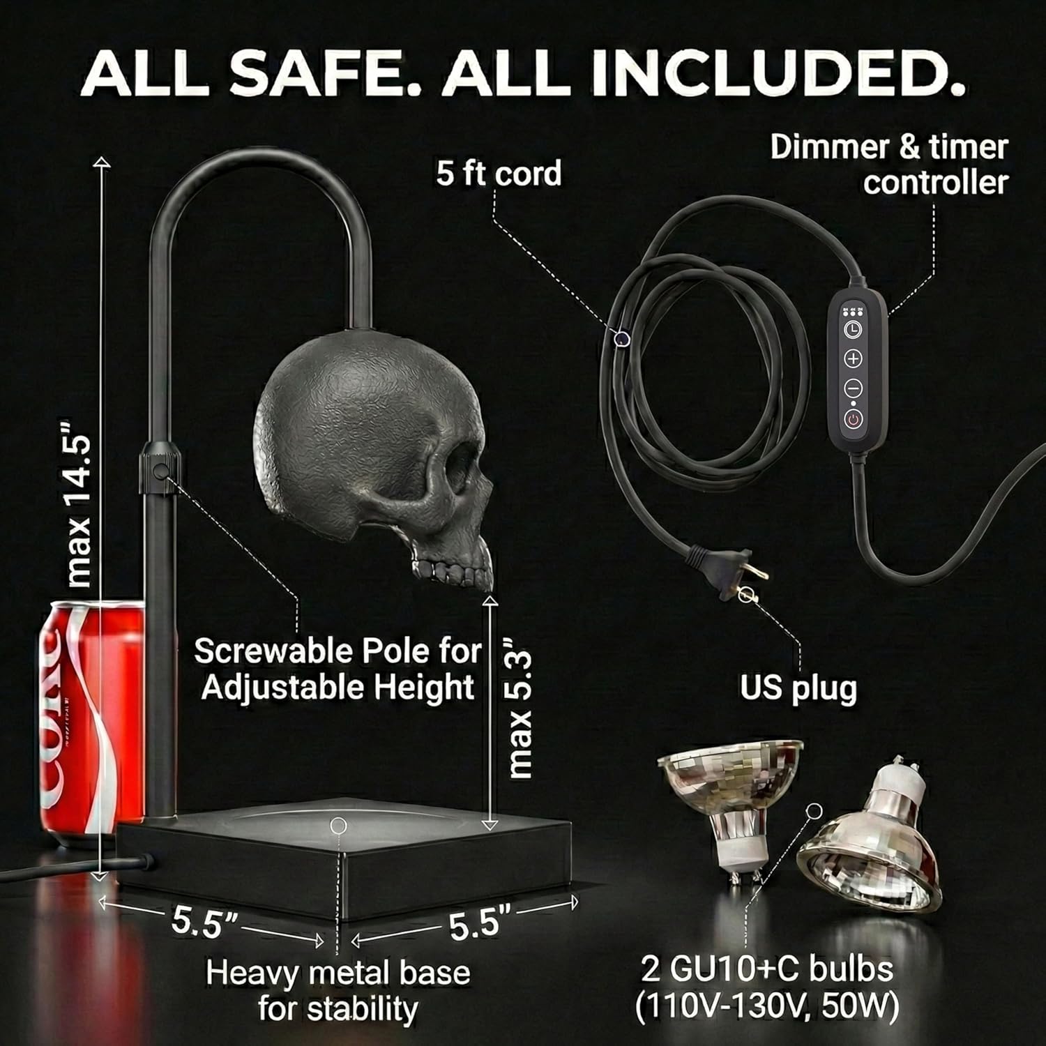 💀Skull Candle Warmer Lamp with Timer and Dimmer *Candles NOT Included – Black Gothic Candle Lamp Warmer w/Adjustable Height, 2 Light Bulbs-HandPrint