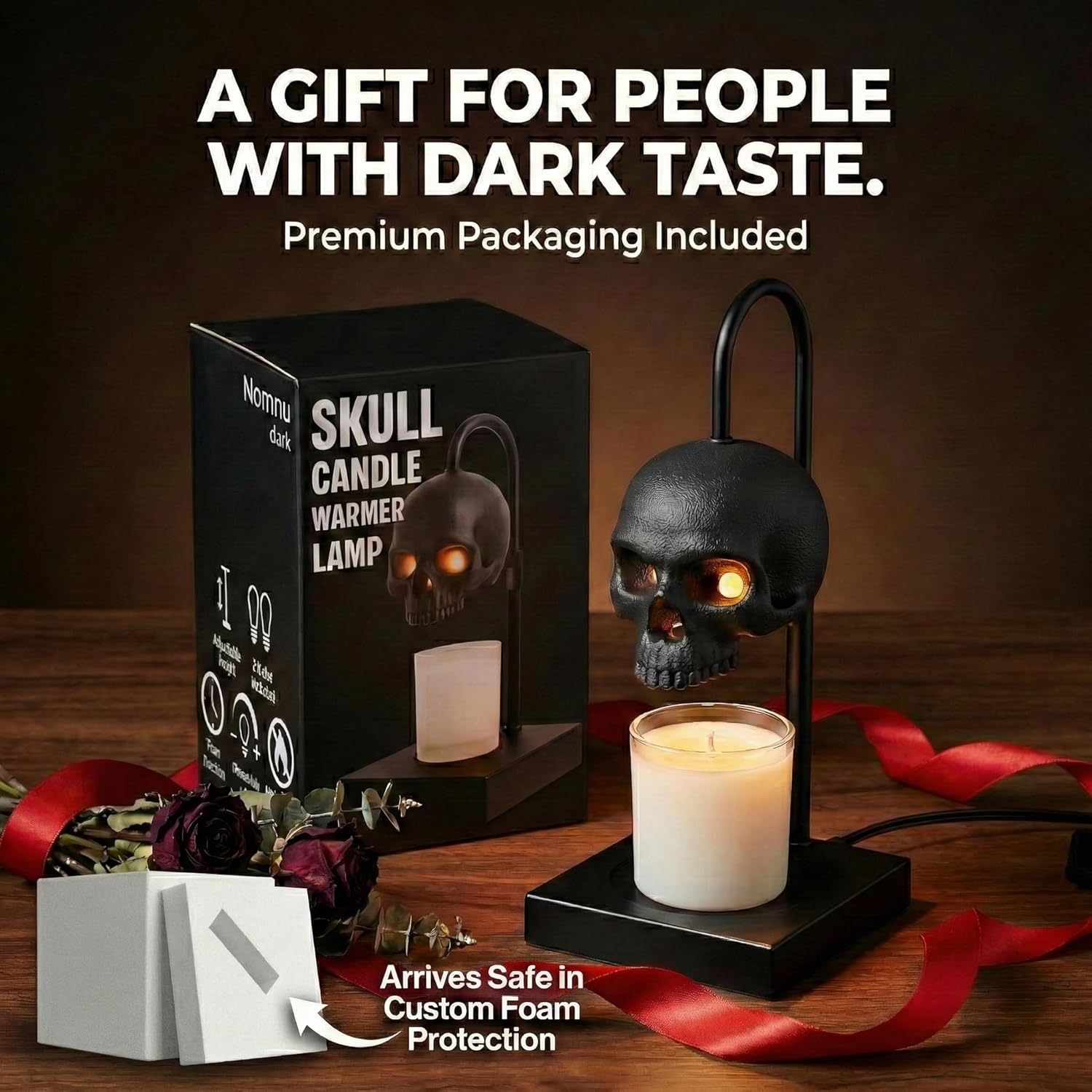 💀Skull Candle Warmer Lamp with Timer and Dimmer *Candles NOT Included – Black Gothic Candle Lamp Warmer w/Adjustable Height, 2 Light Bulbs-HandPrint