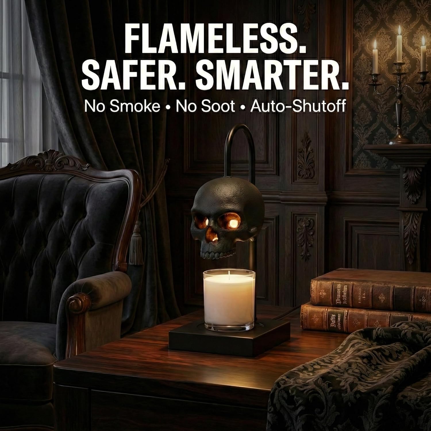 💀Skull Candle Warmer Lamp with Timer and Dimmer *Candles NOT Included – Black Gothic Candle Lamp Warmer w/Adjustable Height, 2 Light Bulbs-HandPrint