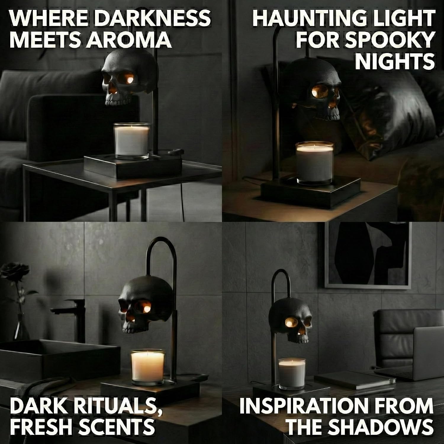 💀Skull Candle Warmer Lamp with Timer and Dimmer *Candles NOT Included – Black Gothic Candle Lamp Warmer w/Adjustable Height, 2 Light Bulbs-HandPrint