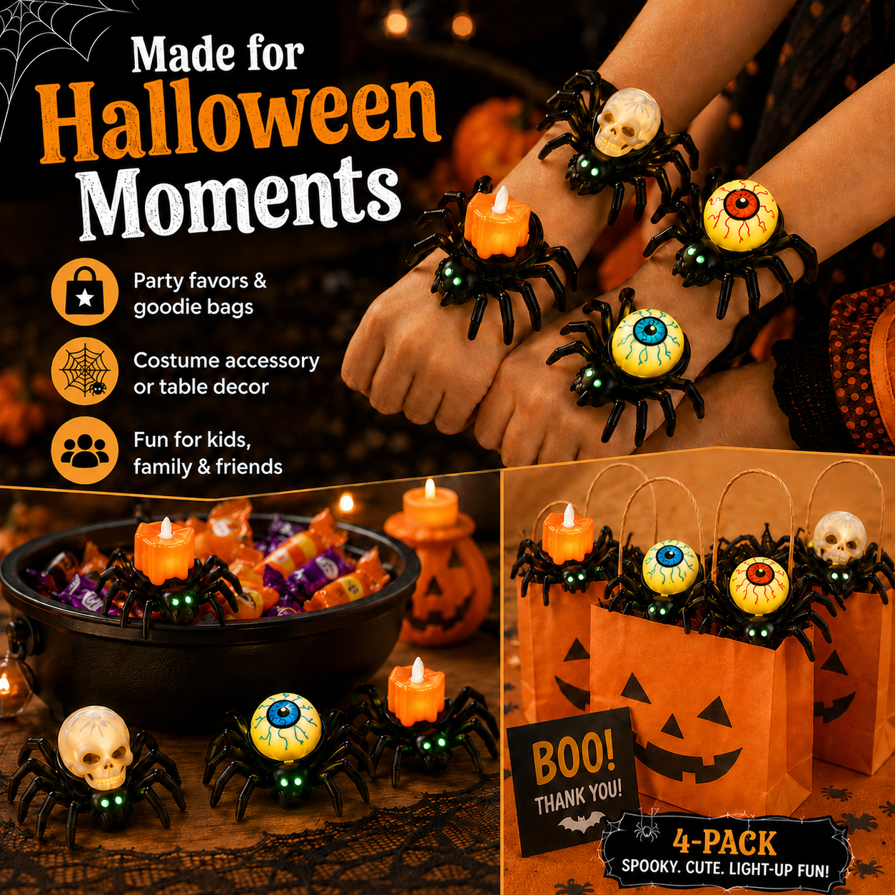 4-Pack Light-Up Spider Halloween Bracelets & Table Decor Set-HandPrint