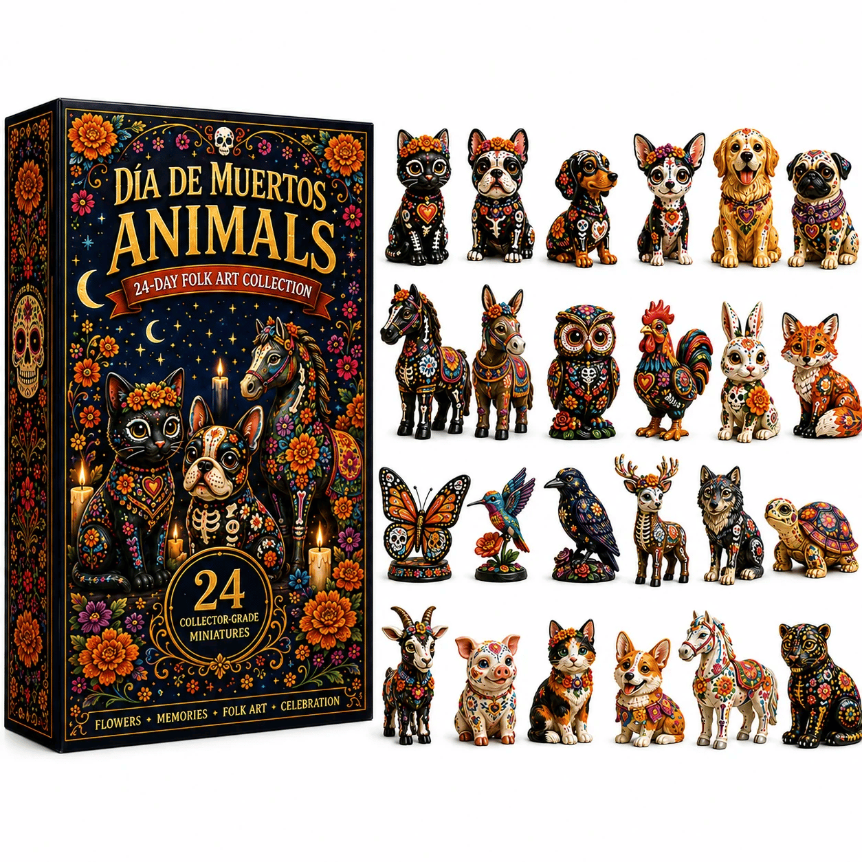 Día de Muertos Animals Advent Calendar 2026 – 24‐Day Folk Art Animal Figurine Collection | 24 Unique Collector‐Grade Miniatures-HandPrint