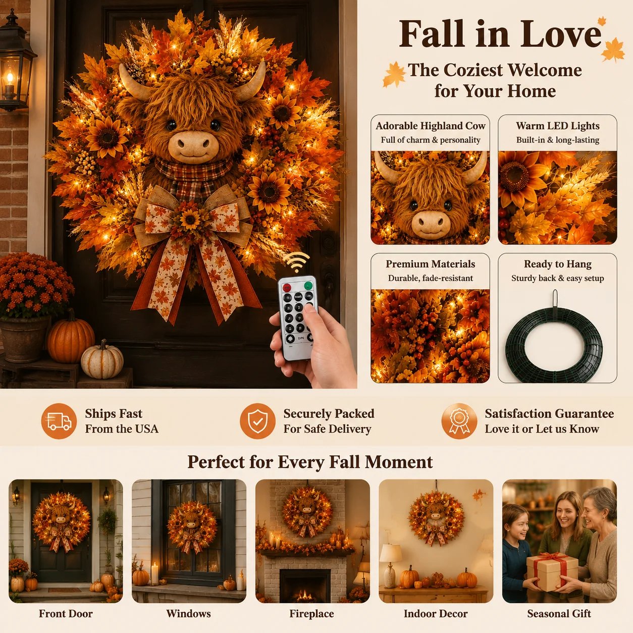 🍂🐮Autumn Highland cow wreath decoration with lights-HandPrint