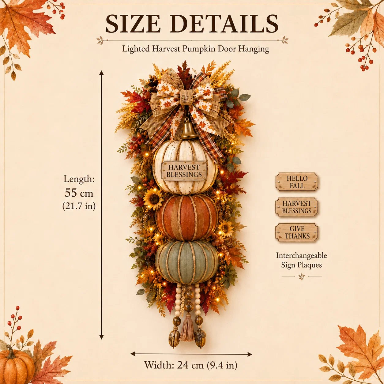 🏡🎃Lighted Stacked Pumpkin Fall Door Decor with 3 Seasonal Plaques-HandPrint
