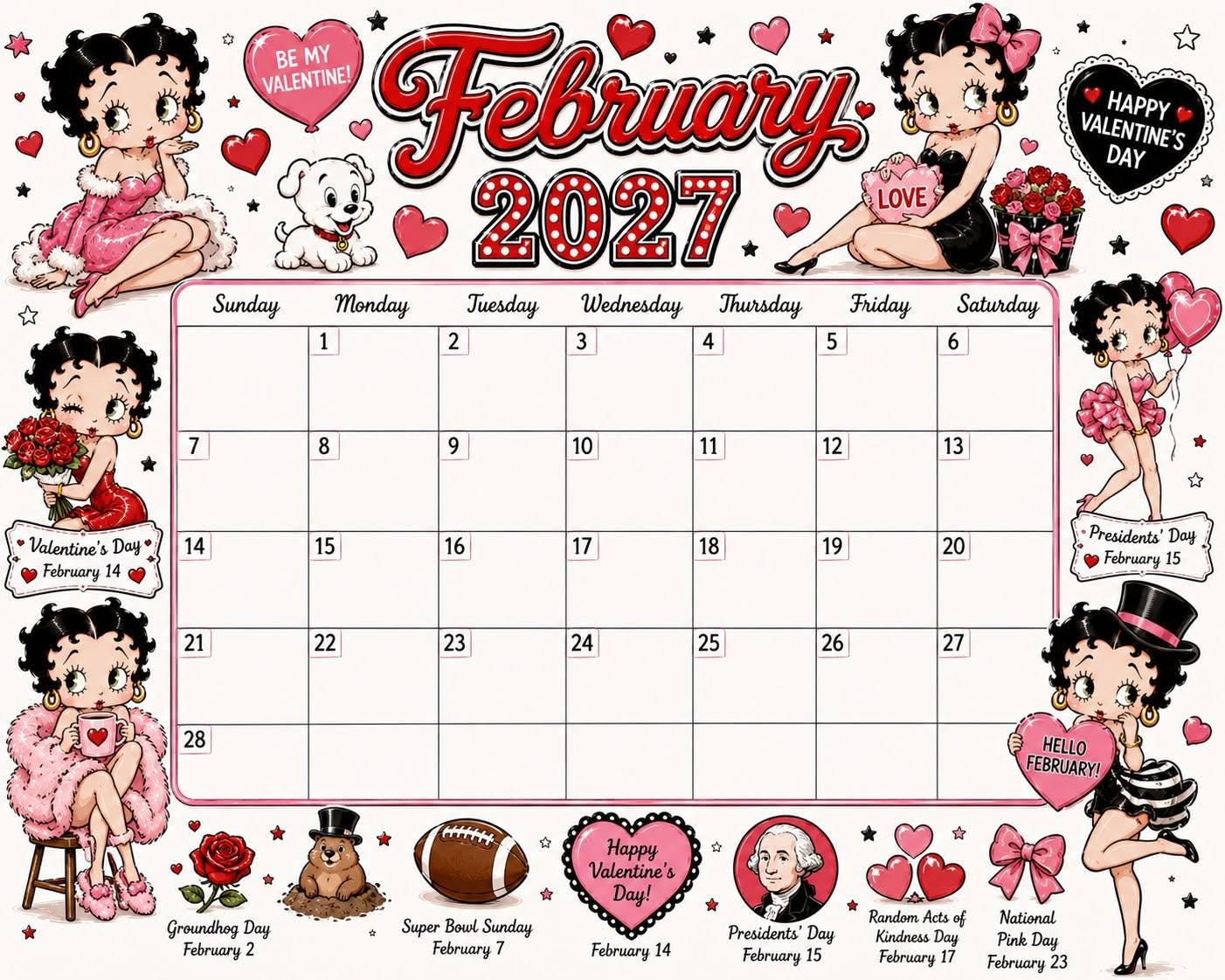 🎀 2027 Vintage Cartoon Wall Calendar-HandPrint