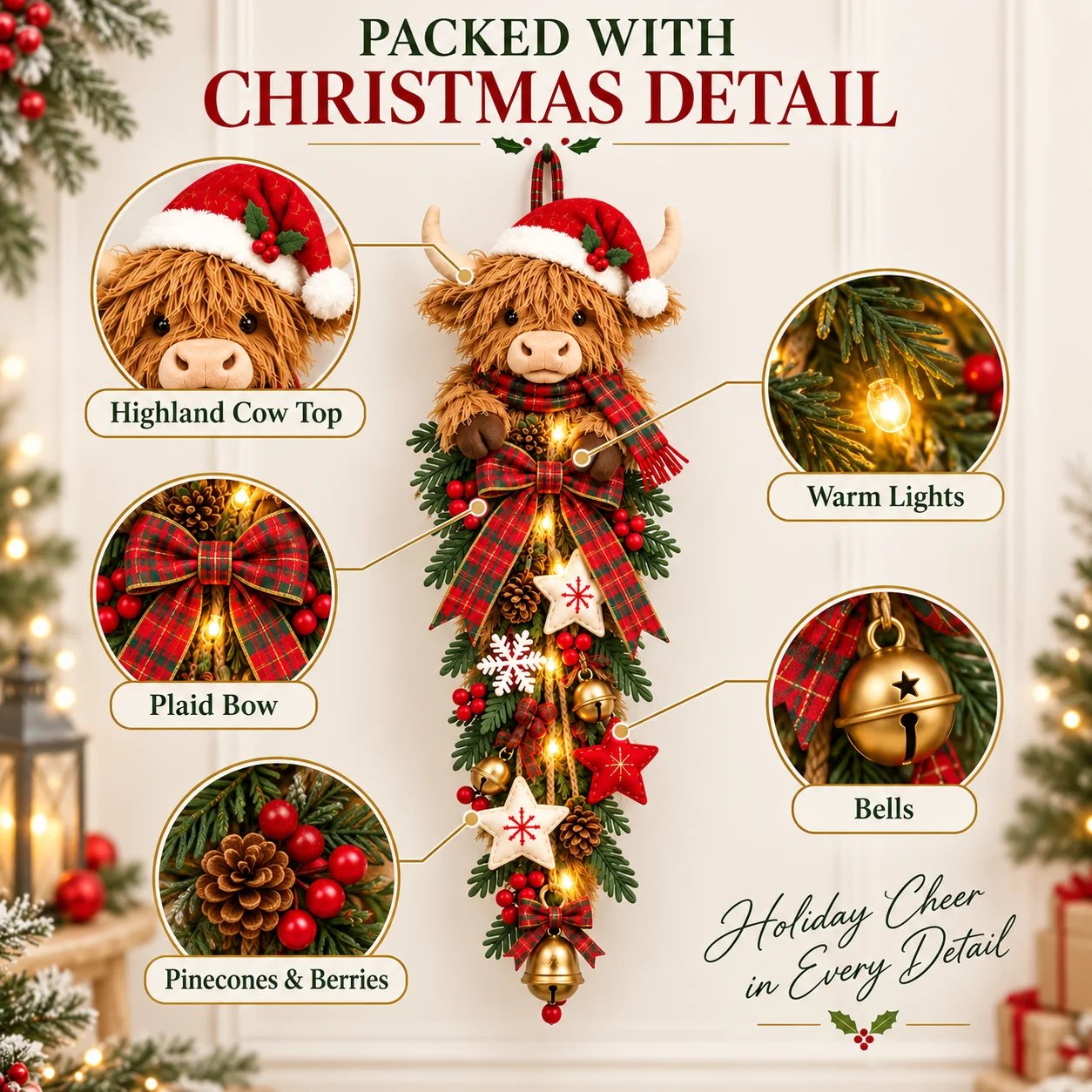 🎄🐮 Lighted Highland Cow Christmas Door Swag – A Cozy Holiday Welcome-HandPrint