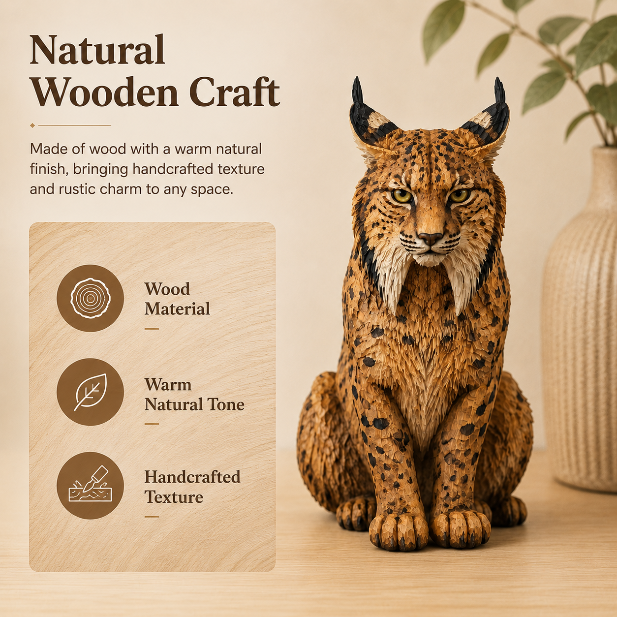 🐾 Hand-Carved Wooden Lynx Sculpture-HandPrint