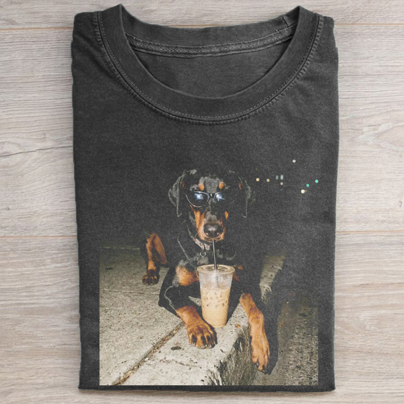 Doberman Wearing Sunglasses Drinking Iced Coffee T-shirt-NaturexCraft