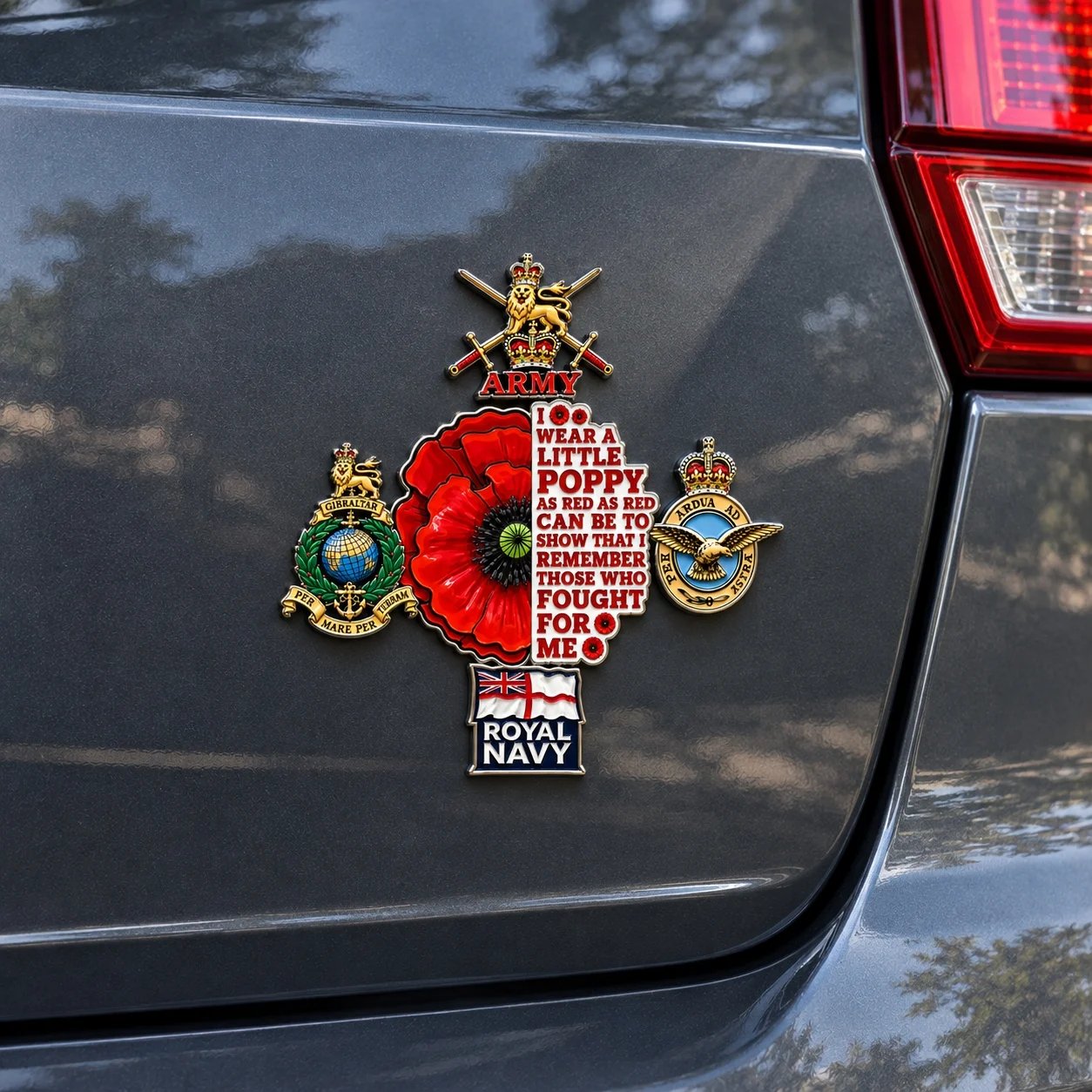🌺 British Armed Forces “Lest We Forget” Remembrance Poppy Tribute Metal Car Emblem-HandPrint