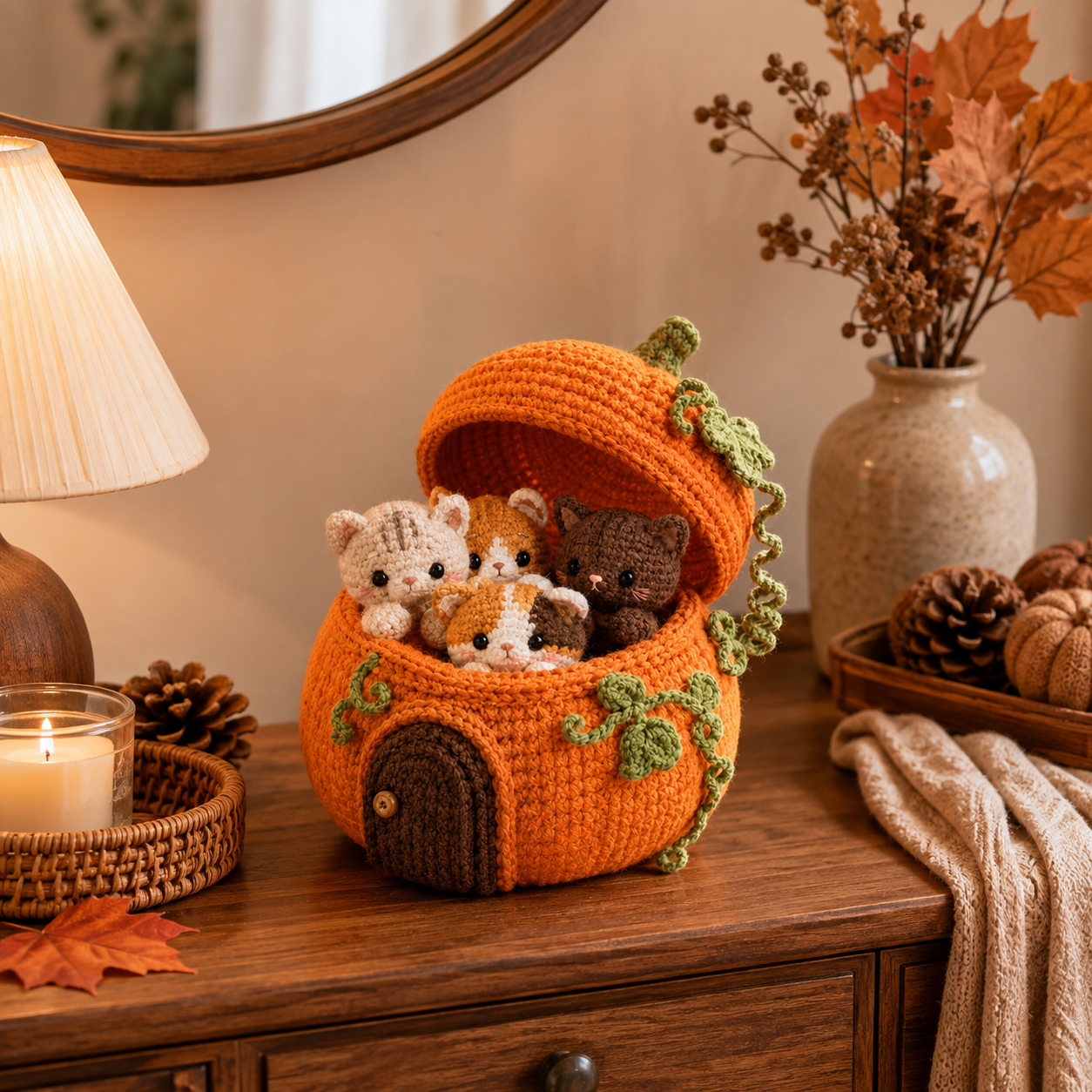 Crochet Pumpkin Cat House with 4 Kittens – Cute Fall & Halloween Home Decor, Cozy Cat Lover Gift 🐱🍂-HandPrint