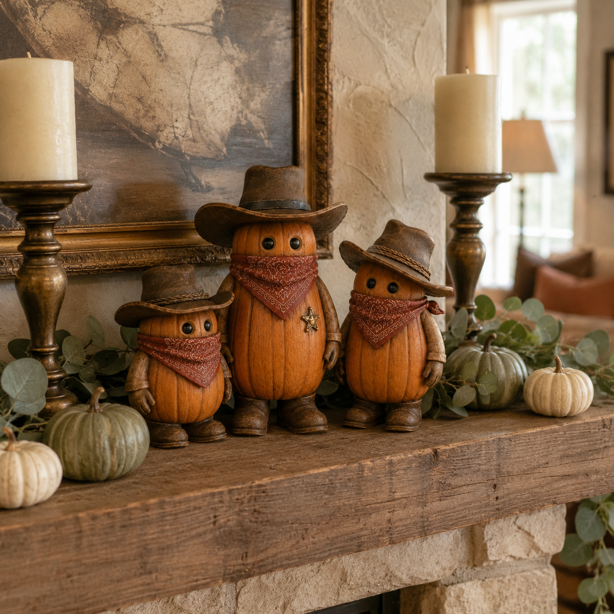The Pumpkin Posse – Vintage Western Pumpkin Cowboy Figurines, Set of 3-HandPrint