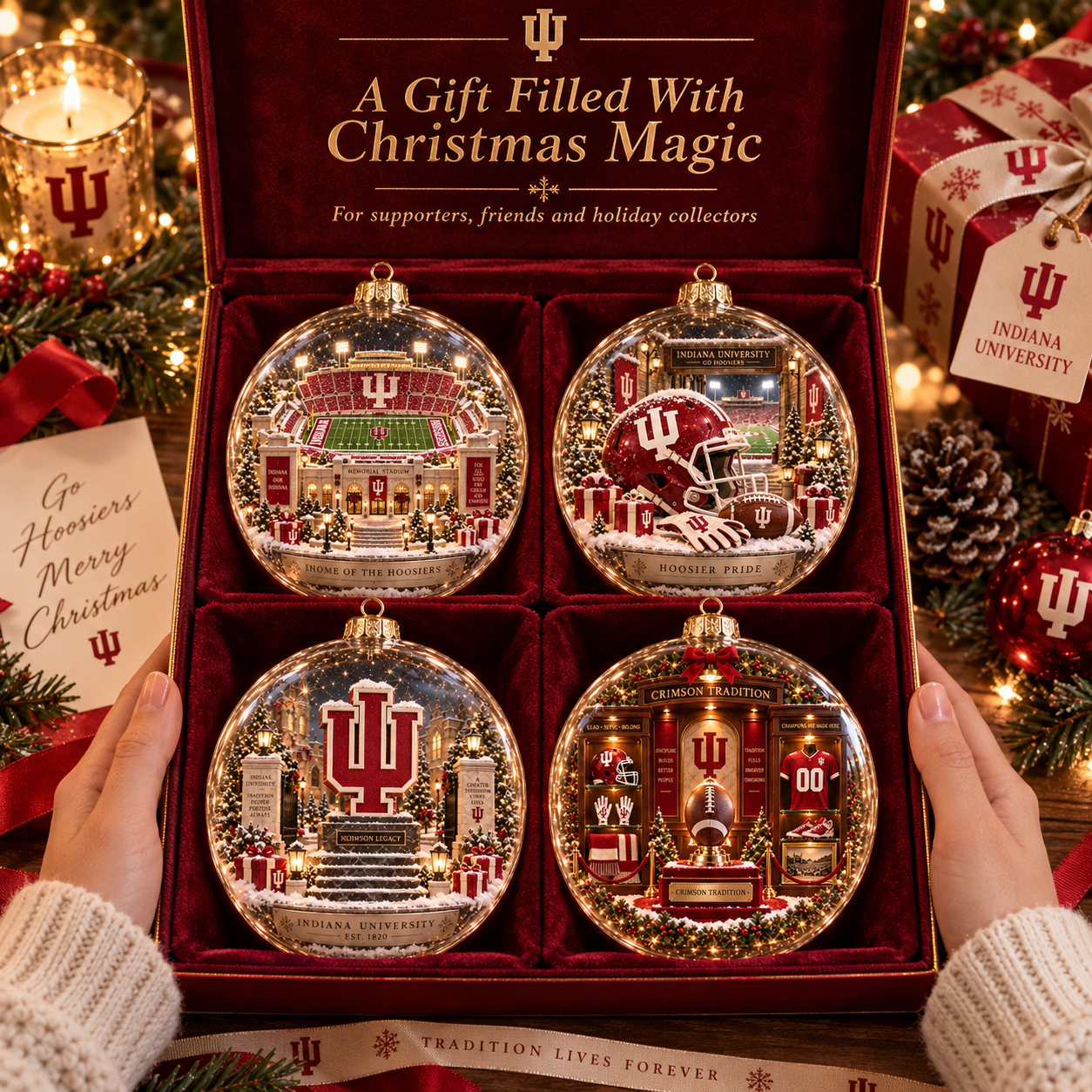 🎄 Go Hoosiers — Light-Up College Football Diorama Ornament-HandPrint