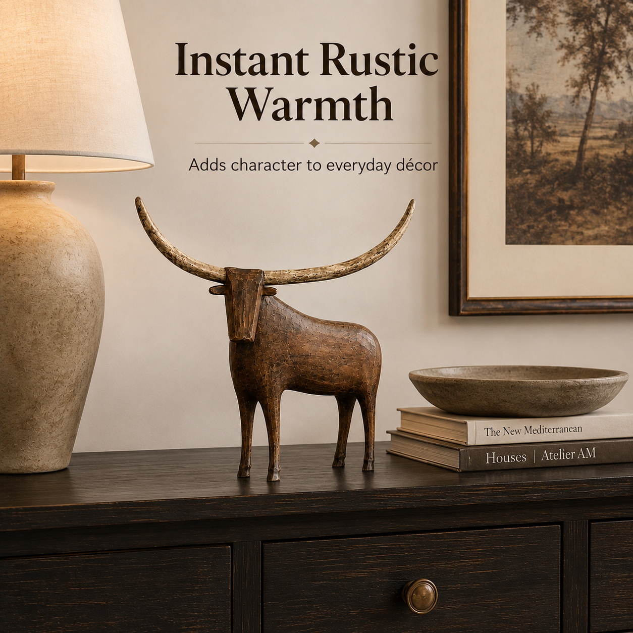 Vintage Longhorn Bull Sculpture-HandPrint