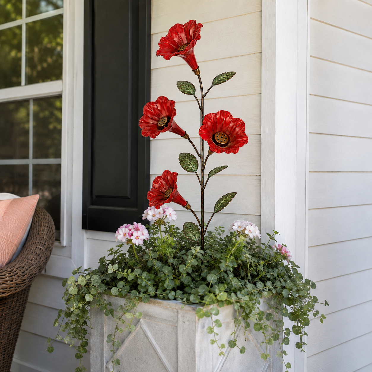 Vintage Red Flower Hummingbird Feeder Garden Stake-HandPrint