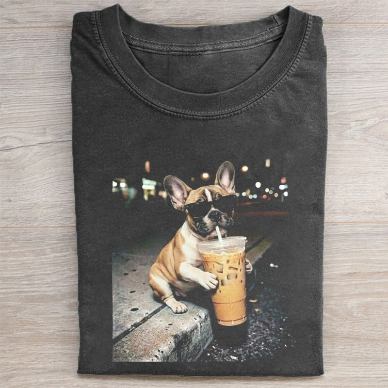 Funny French Bulldog Drinking Iced Coffee T-shirt-NaturexCraft