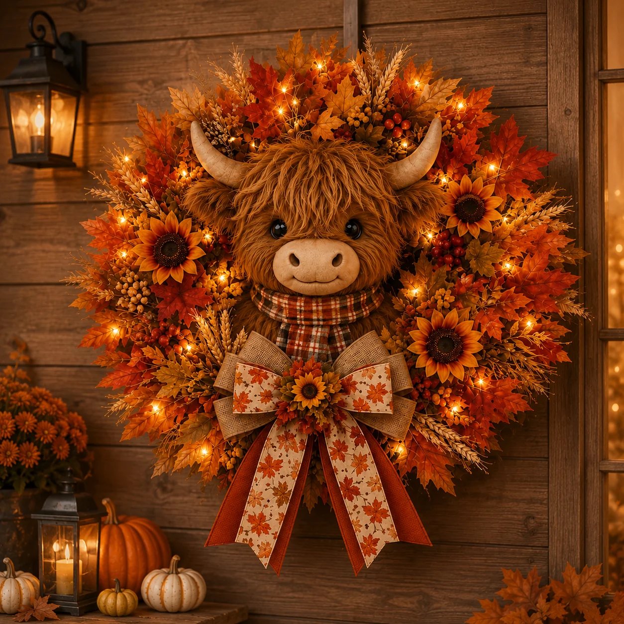 🍂🐮Autumn Highland cow wreath decoration with lights-HandPrint