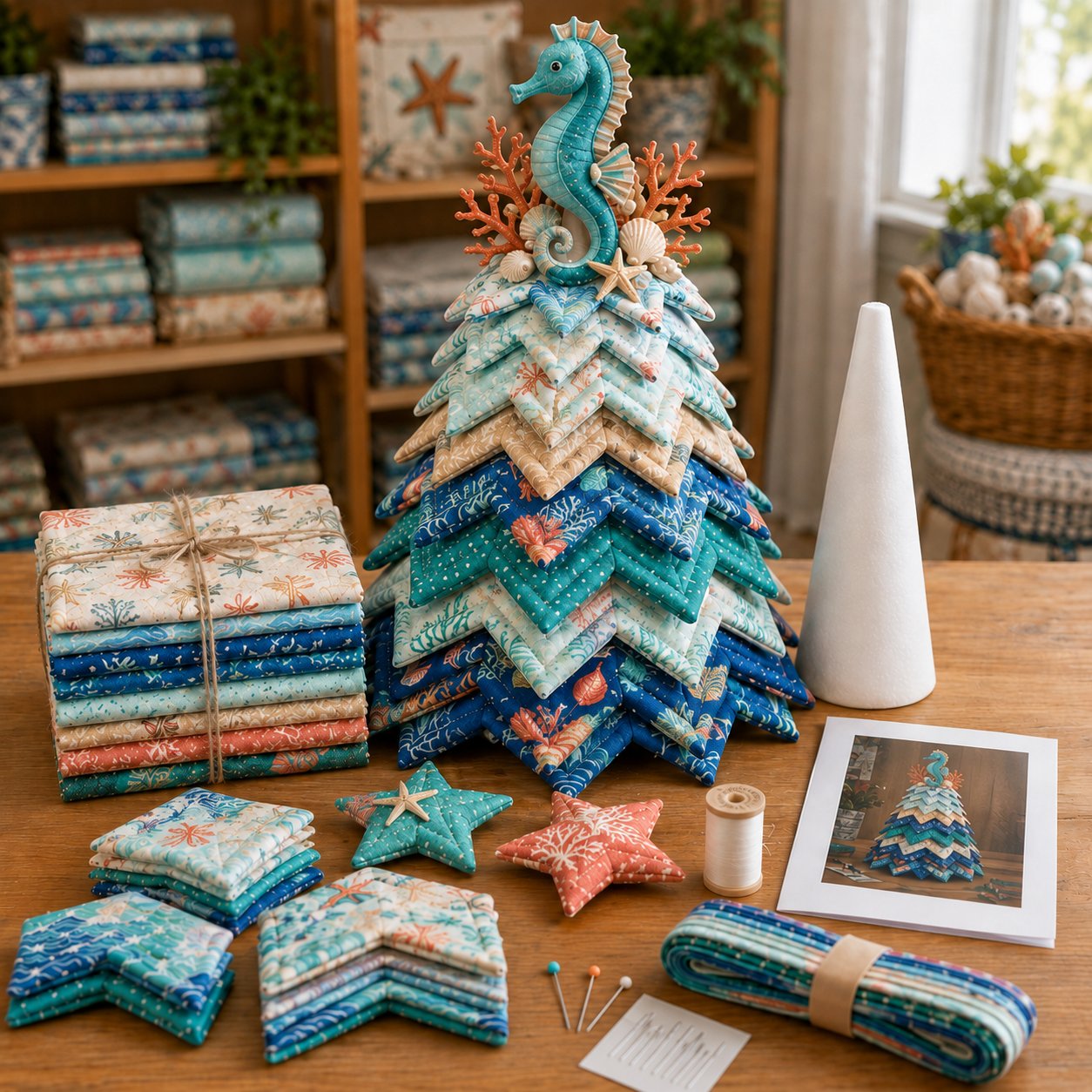 🌊 Ocean Dreams Layered Fabric Tree Craft Kit | Create a Freestanding Coastal Centerpiece with Coordinated Fabrics & Marine Topper 🐚✨-HandPrint