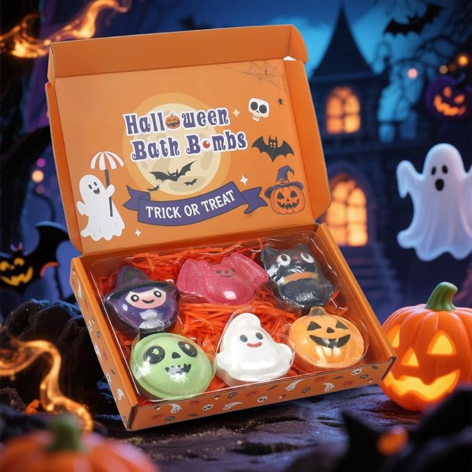 Halloween Bath Bomb Gift Set - 6-Piece Scary Cute Kids Bath Bomb Gift Box, Includes Witch, Bat, Black Cat, Skull, Ghost and Pumpkin Bubble Spa Balls-HandPrint