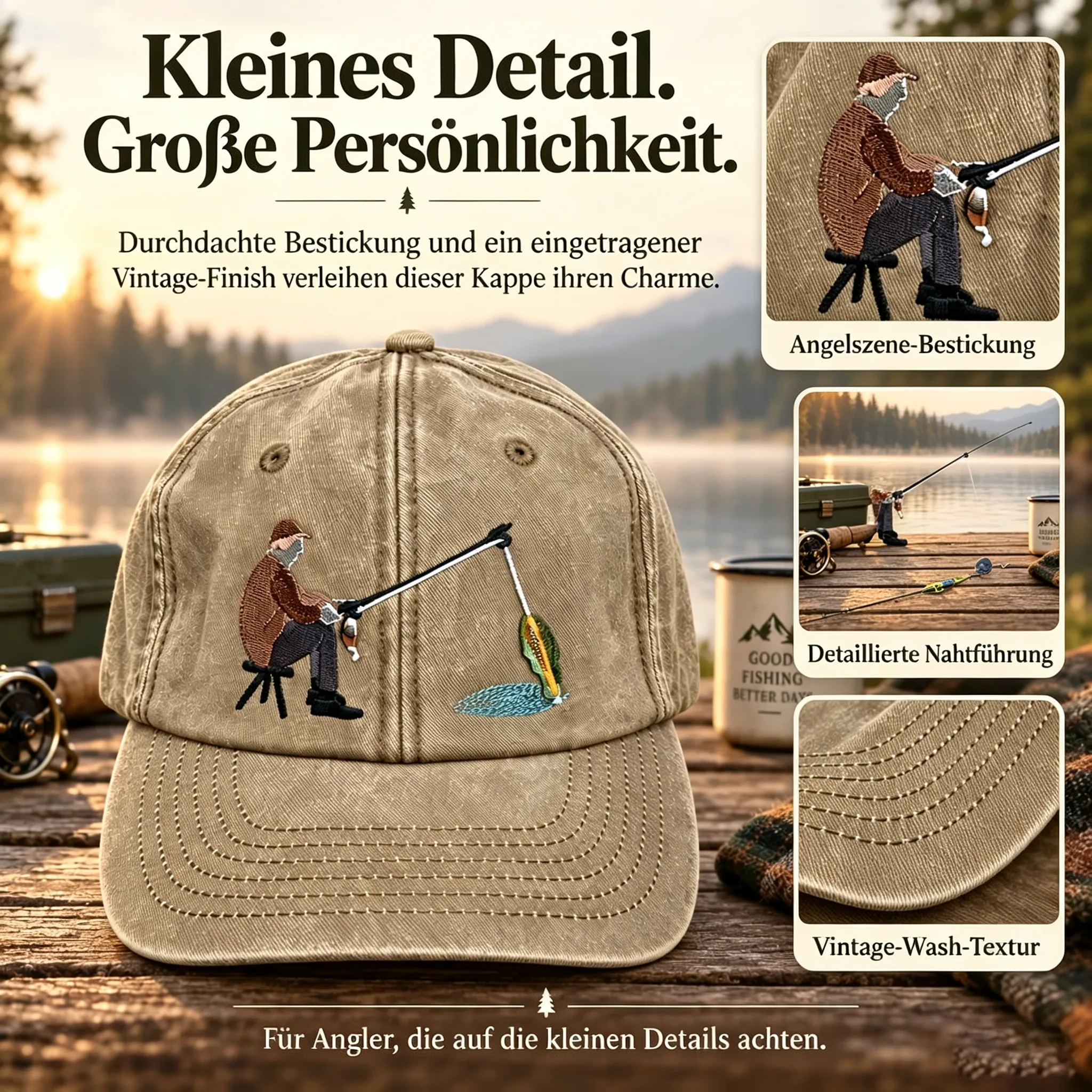 🎣 Interaktive „Fang des Tages“-Angelkappe – Hut mit beweglichem Fisch im Vintage-Waschung-Look-HandPrint