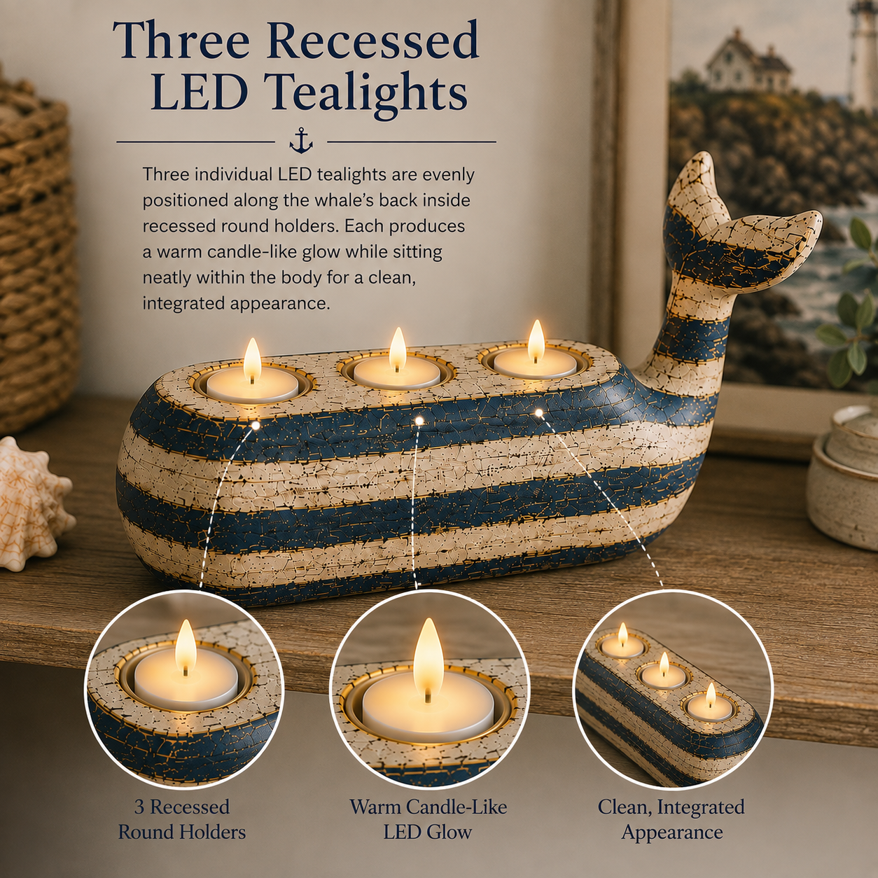 Vintage Coastal Whale Remote-Control LED Tealight Holder-HandPrint