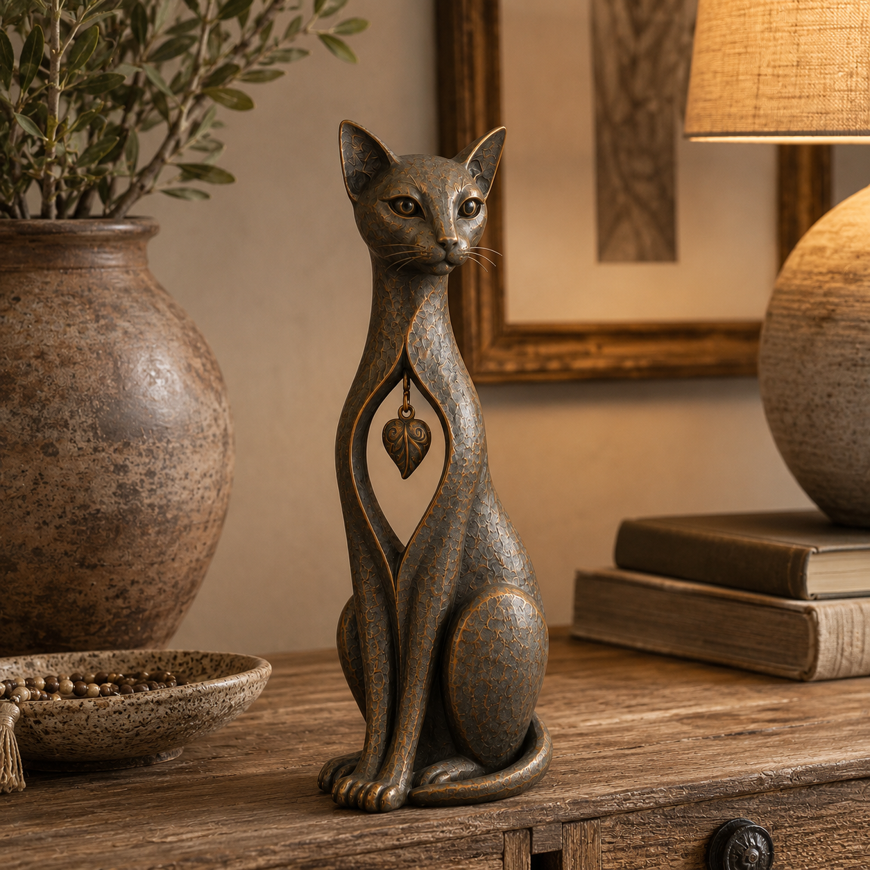 Vintage Bronze Cat Sculpture with Hanging Leaf Charm-HandPrint