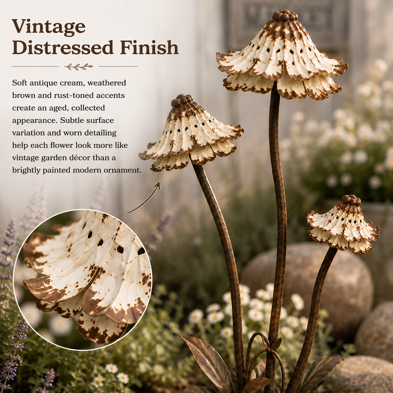 Vintage Distressed Metal Flower Garden Stake-HandPrint