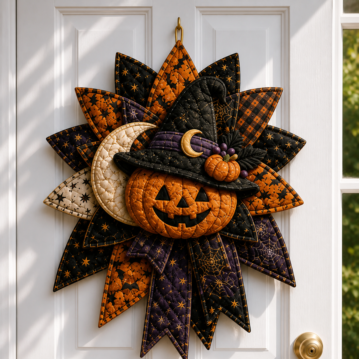 ⏳ Last Day 49% OFF – 🎃 Halloween Quilted Door Wreath | Pumpkin, Ghost, Black Cat, Bat & Witch Gnome Hanging Decoration for Front Door & Fall Home Décor 👻-HandPrint