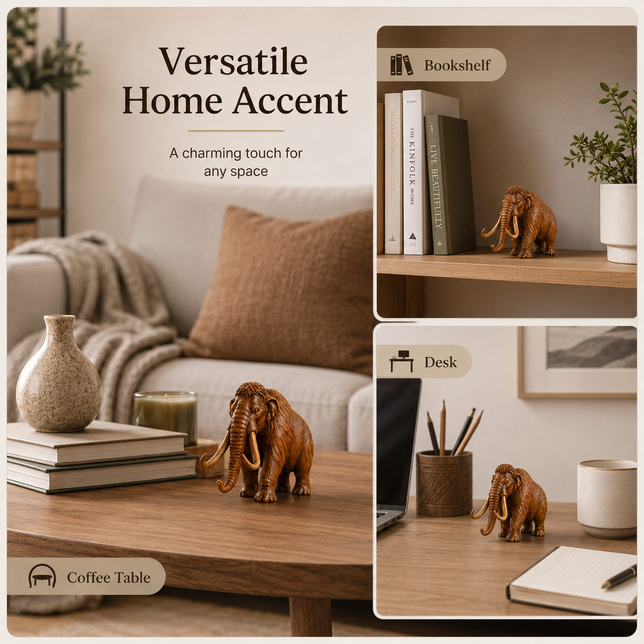 Wooden Woolly Mammoth Figurine – Rustic Carved Animal Decor-HandPrint