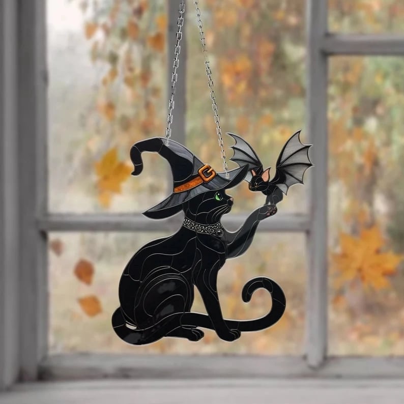 Fall Black Cat Touching Bat Window Hanging-HandPrint