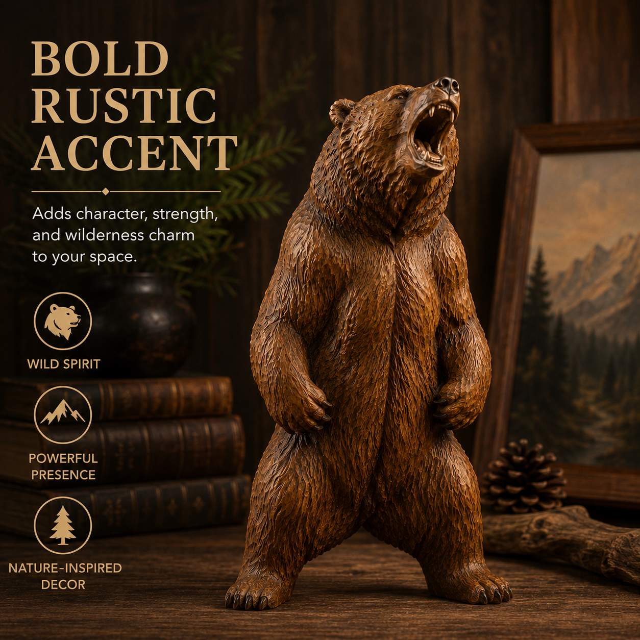 🐻 Powerful Roaring Bear Wood Sculpture-HandPrint