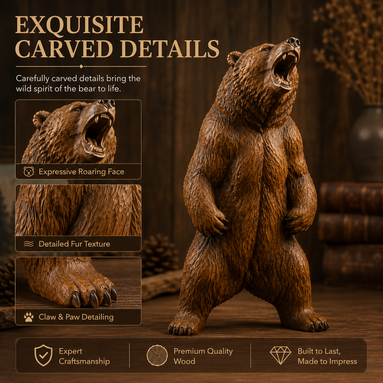 🐻 Powerful Roaring Bear Wood Sculpture-HandPrint
