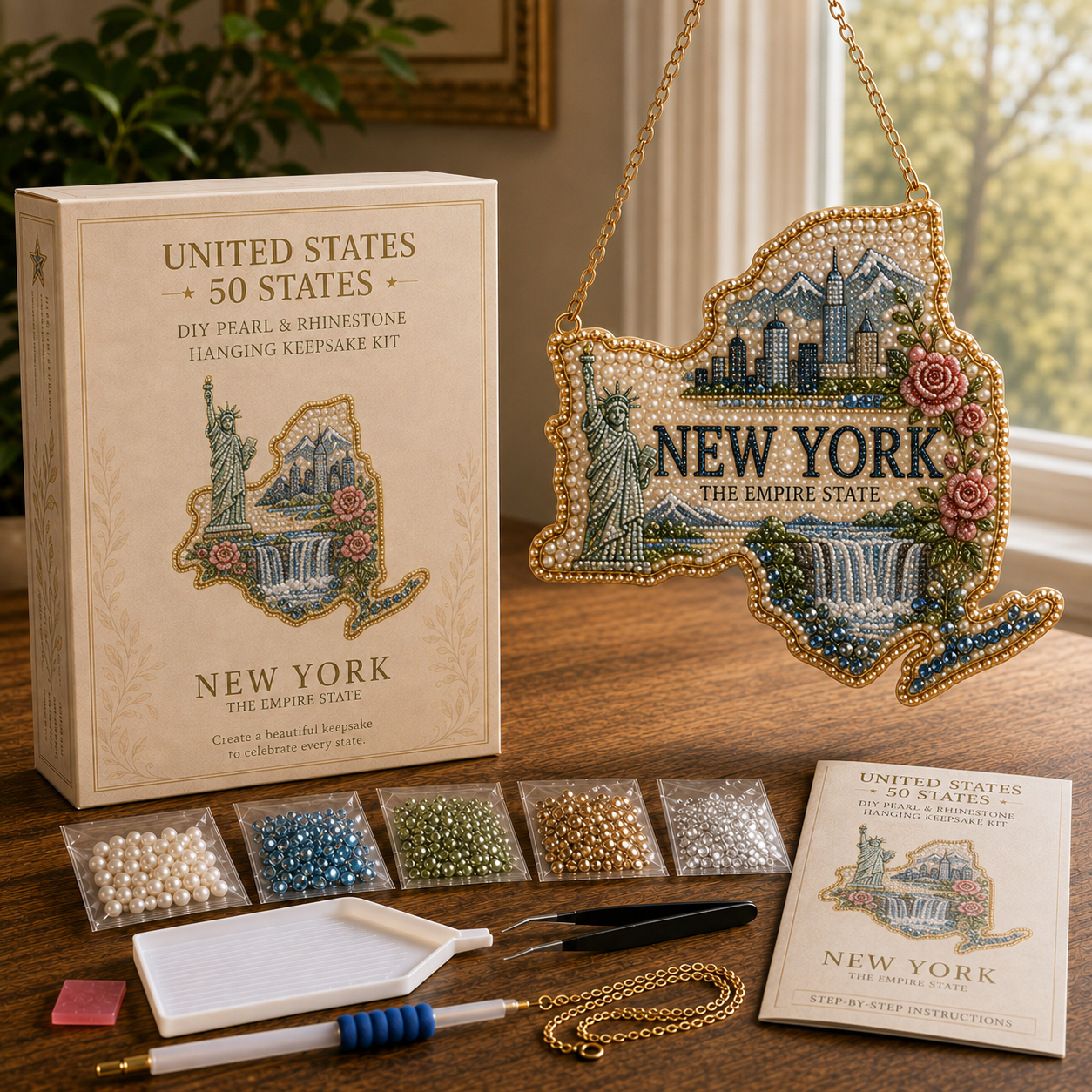🇺🇸 50 States DIY Pearl & Rhinestone Hanging Keepsake Kit-HandPrint