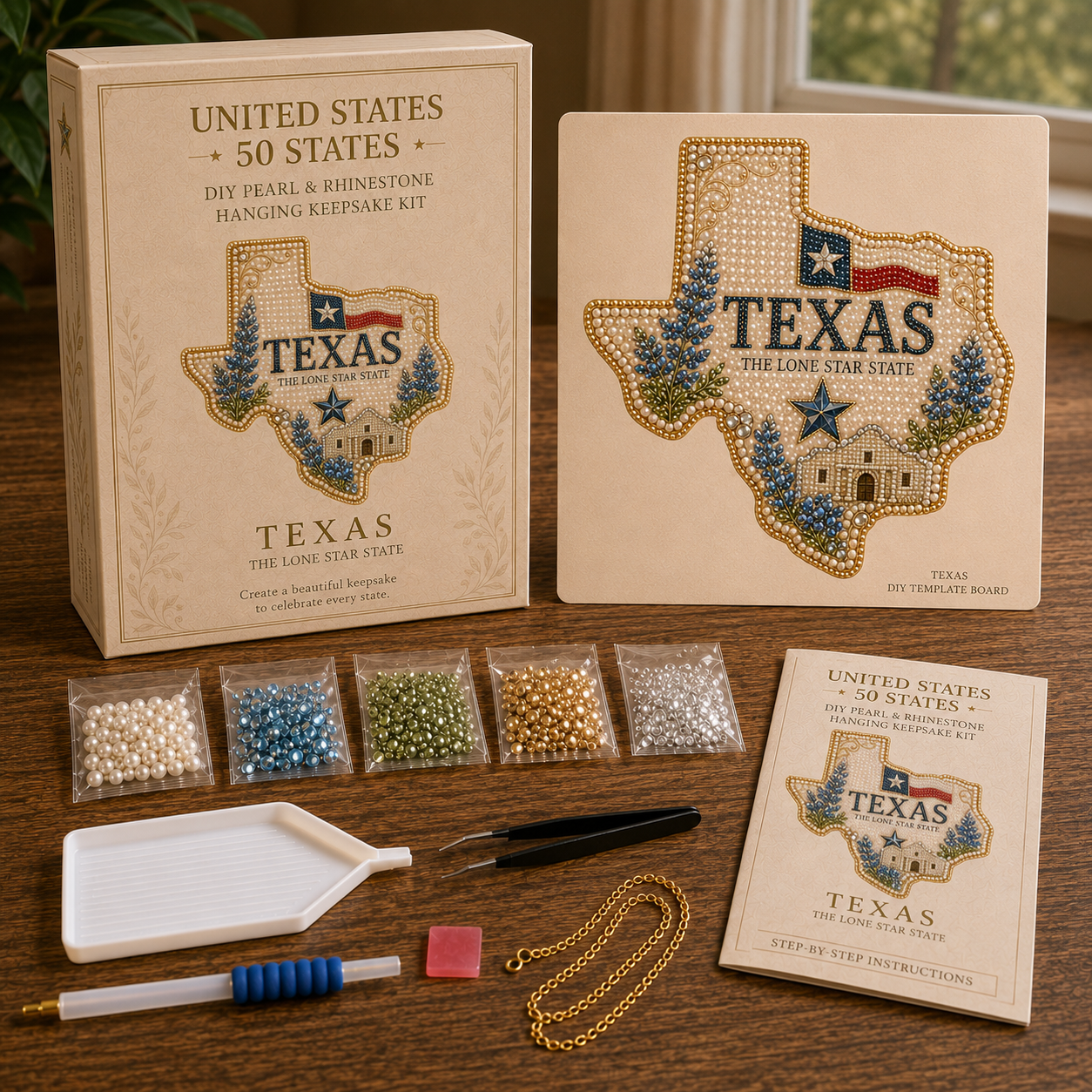 🇺🇸 50 States DIY Pearl & Rhinestone Hanging Keepsake Kit-HandPrint