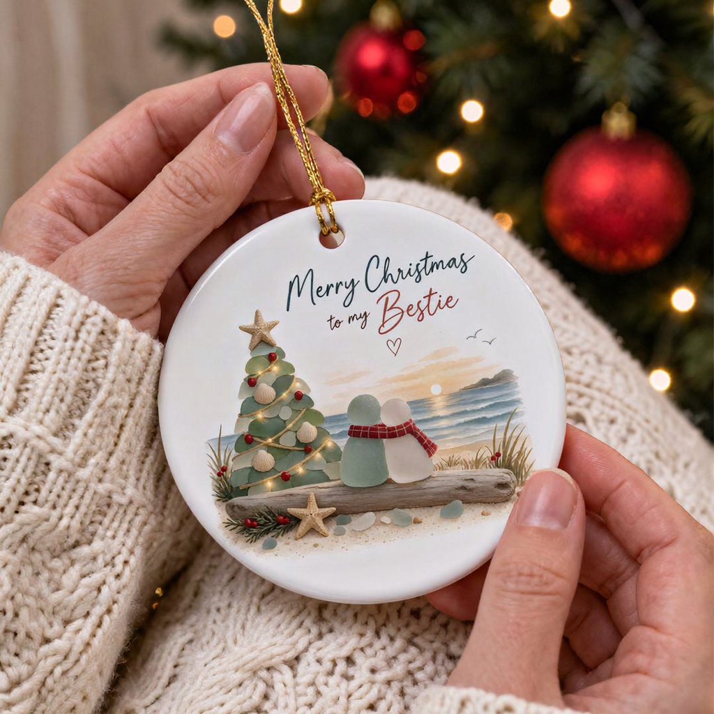 🎄Merry Christmas to My Bestie – Coastal Christmas Ornament, Seaside-Inspired Friendship Keepsake & Holiday Gift-HandPrint