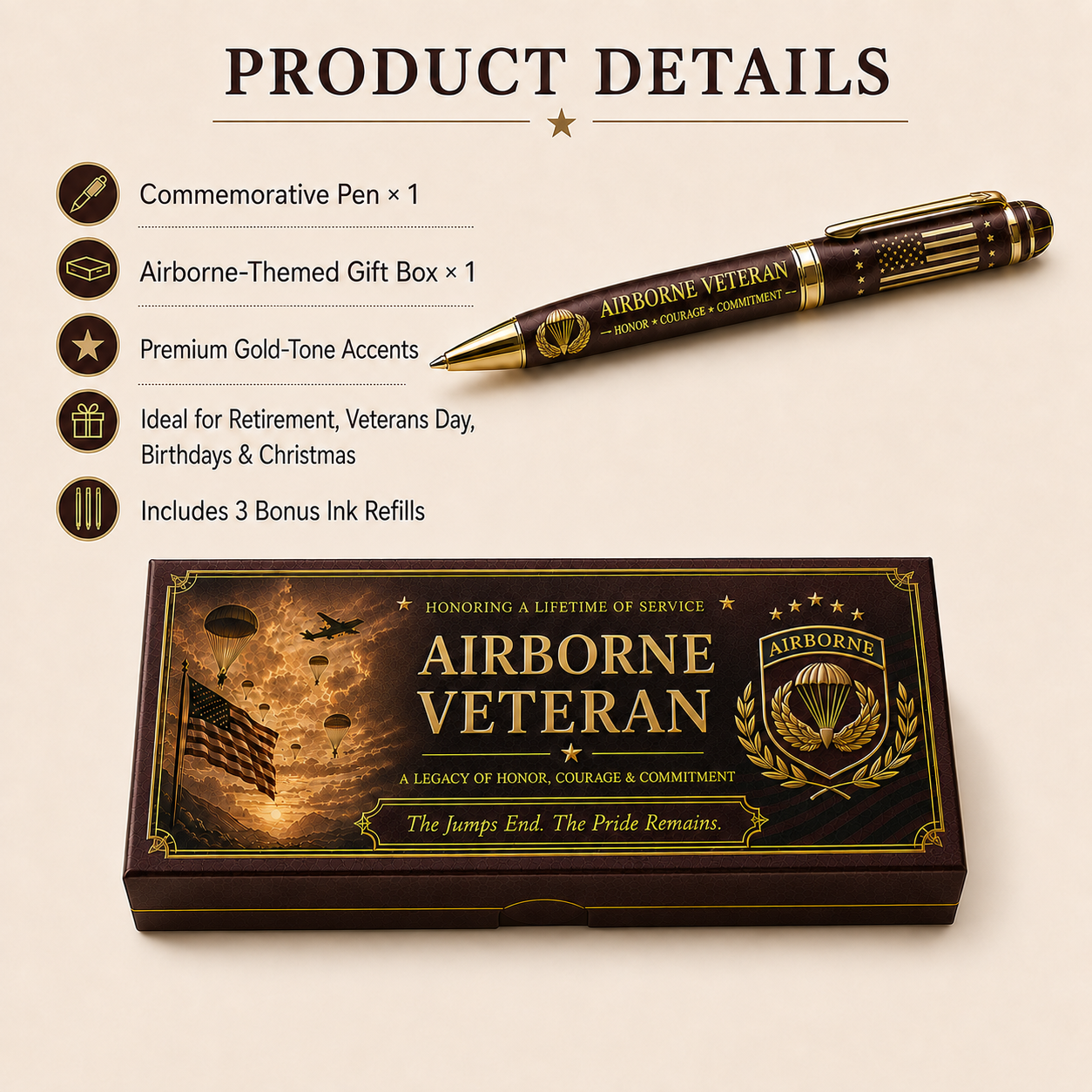 🪂 Airborne Veteran Honor & Courage Pen - Includes 3 Bonus Ink Refills-HandPrint