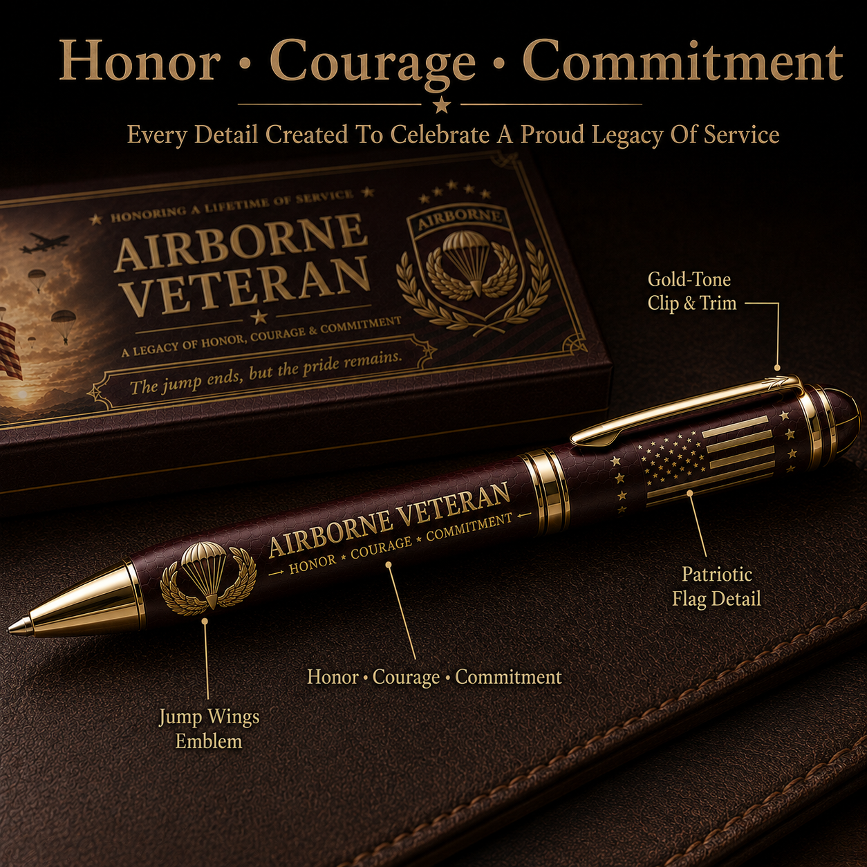 🪂 Airborne Veteran Honor & Courage Pen - Includes 3 Bonus Ink Refills-HandPrint