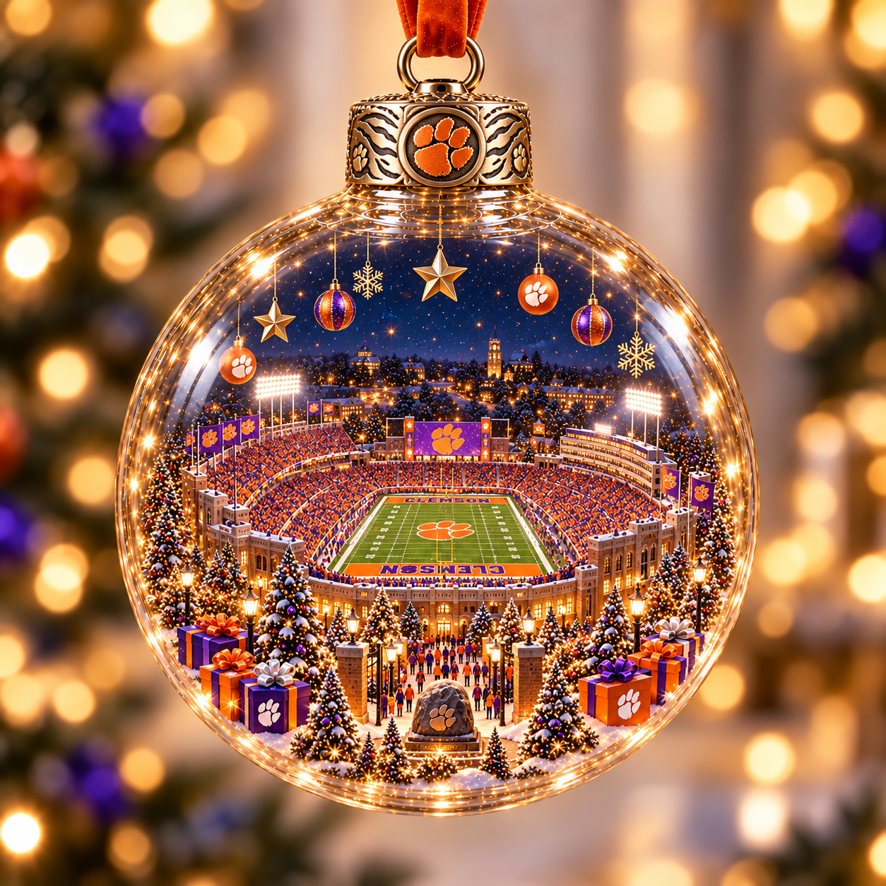 🏈 Game Day Glow – Light-Up Football Stadium Christmas Ornament-HandPrint