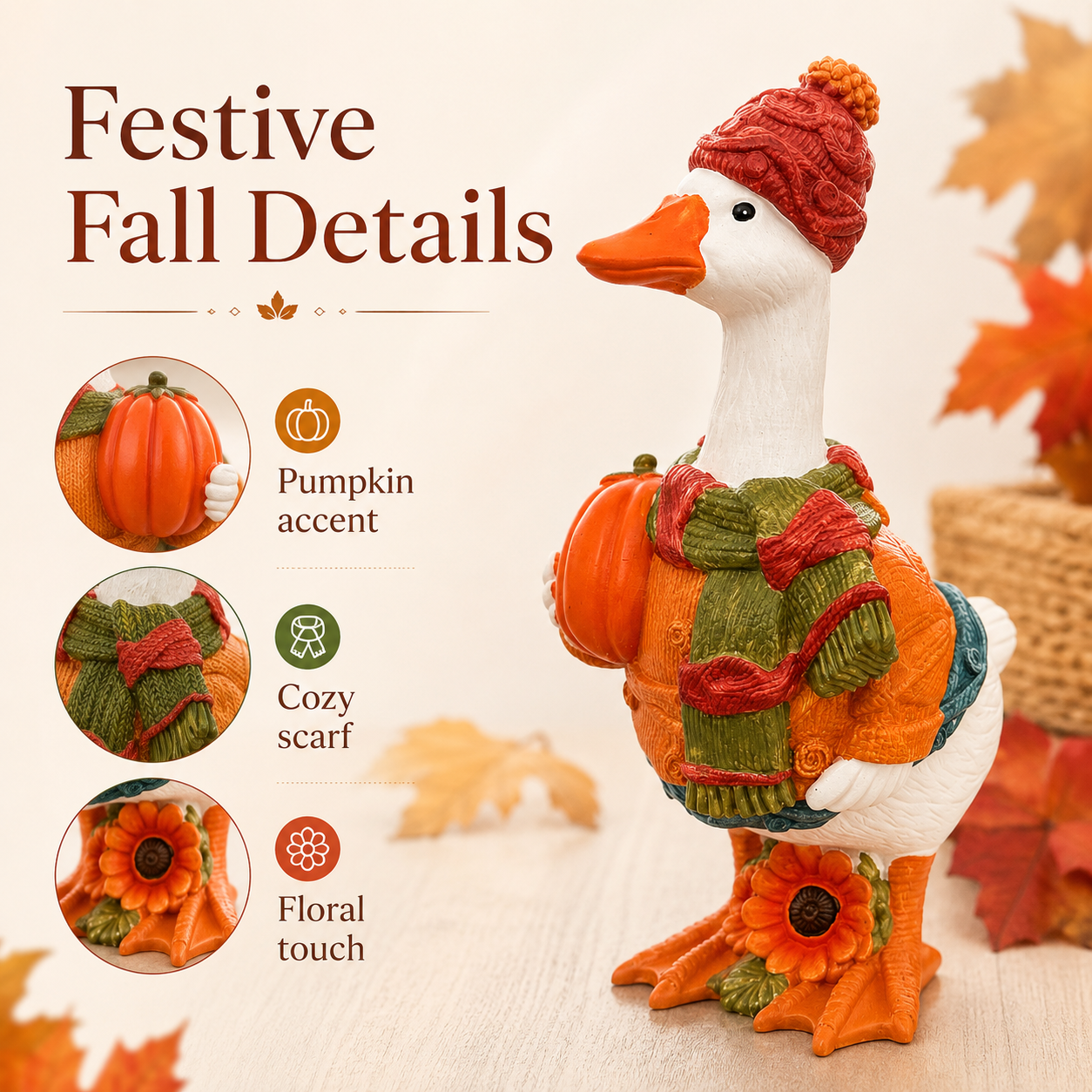 Fall Duck Figurine with Pumpkin, Resin Autumn Tabletop Decor-HandPrint