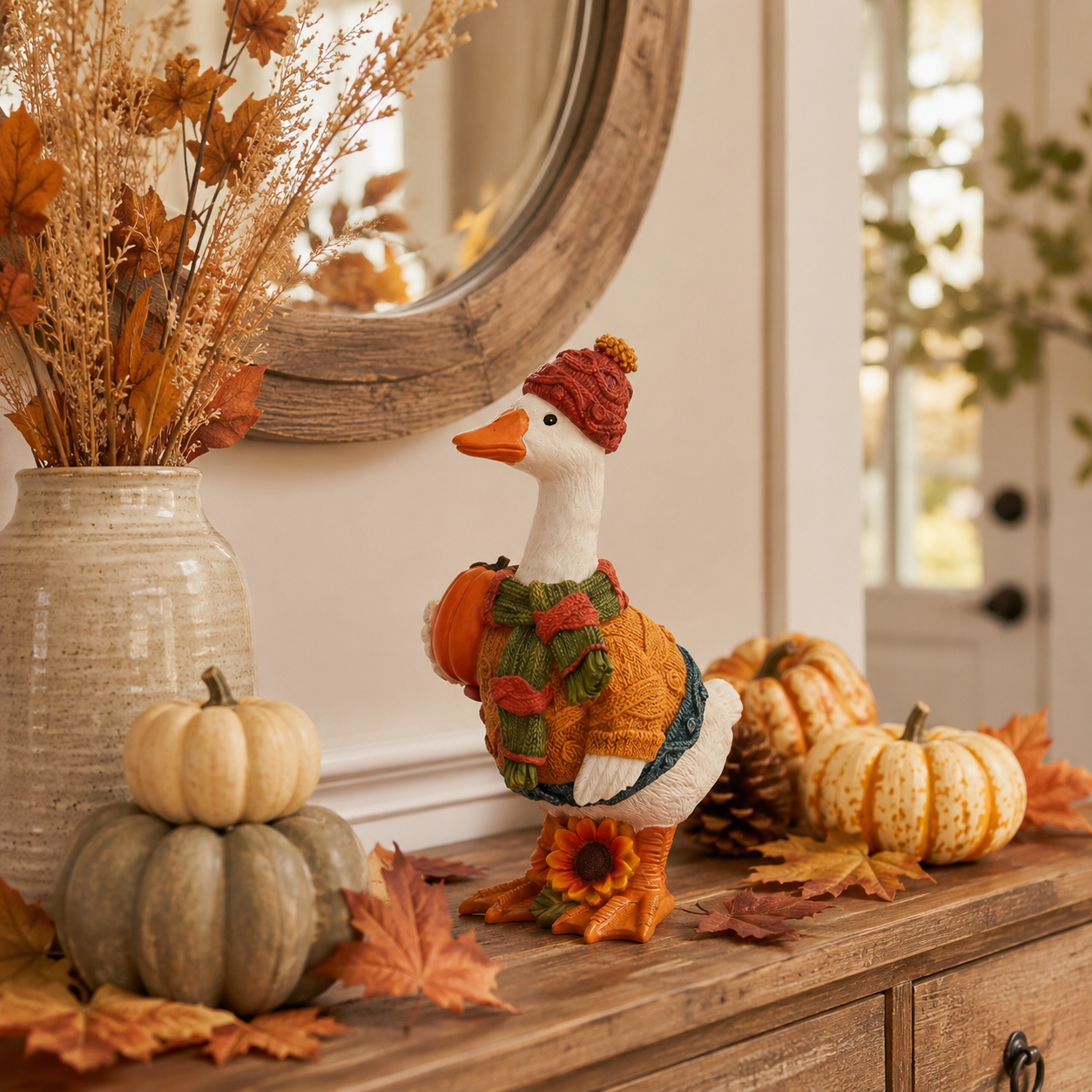 Fall Duck Figurine with Pumpkin, Resin Autumn Tabletop Decor-HandPrint