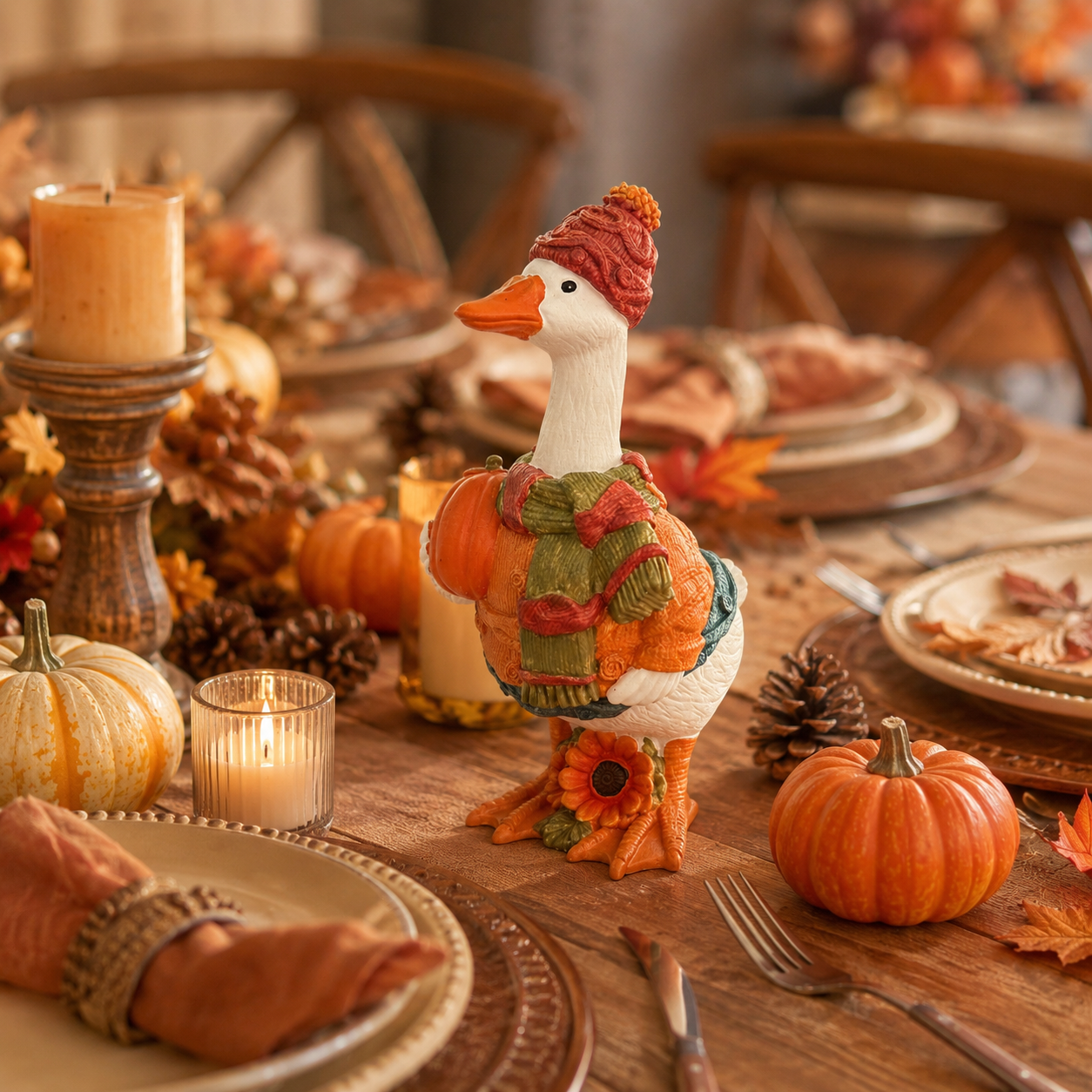Fall Duck Figurine with Pumpkin, Resin Autumn Tabletop Decor-HandPrint