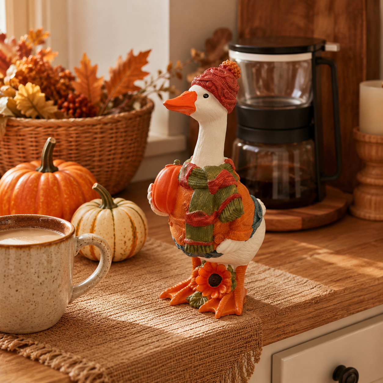 Fall Duck Figurine with Pumpkin, Resin Autumn Tabletop Decor-HandPrint