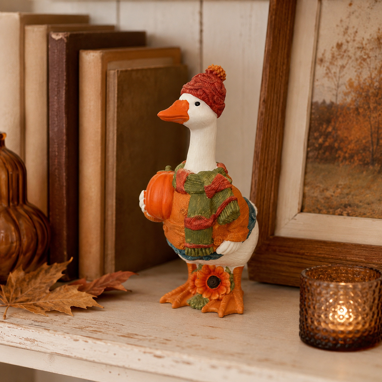 Fall Duck Figurine with Pumpkin, Resin Autumn Tabletop Decor-HandPrint