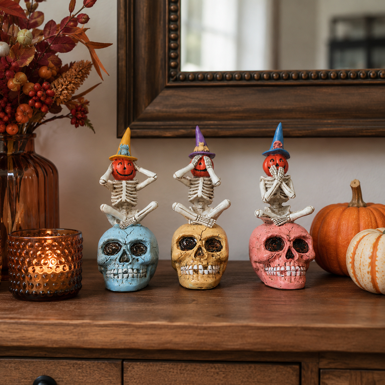 See No Evil, Hear No Evil, Speak No Evil Pumpkin Skeleton Figurine-HandPrint