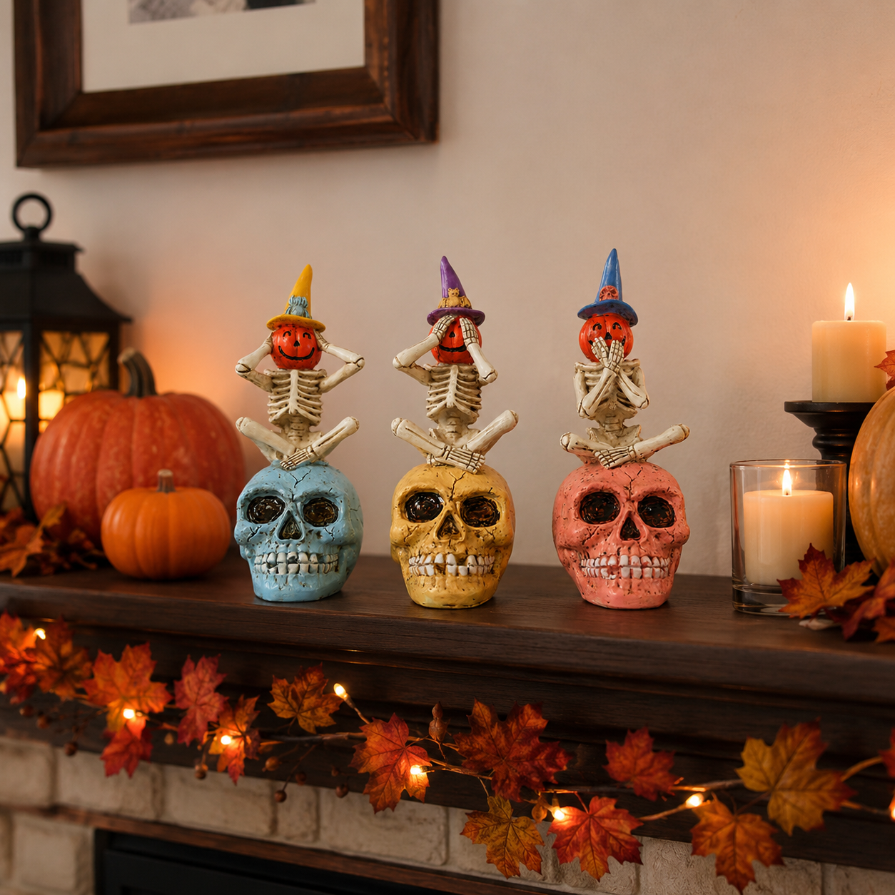 See No Evil, Hear No Evil, Speak No Evil Pumpkin Skeleton Figurine-HandPrint
