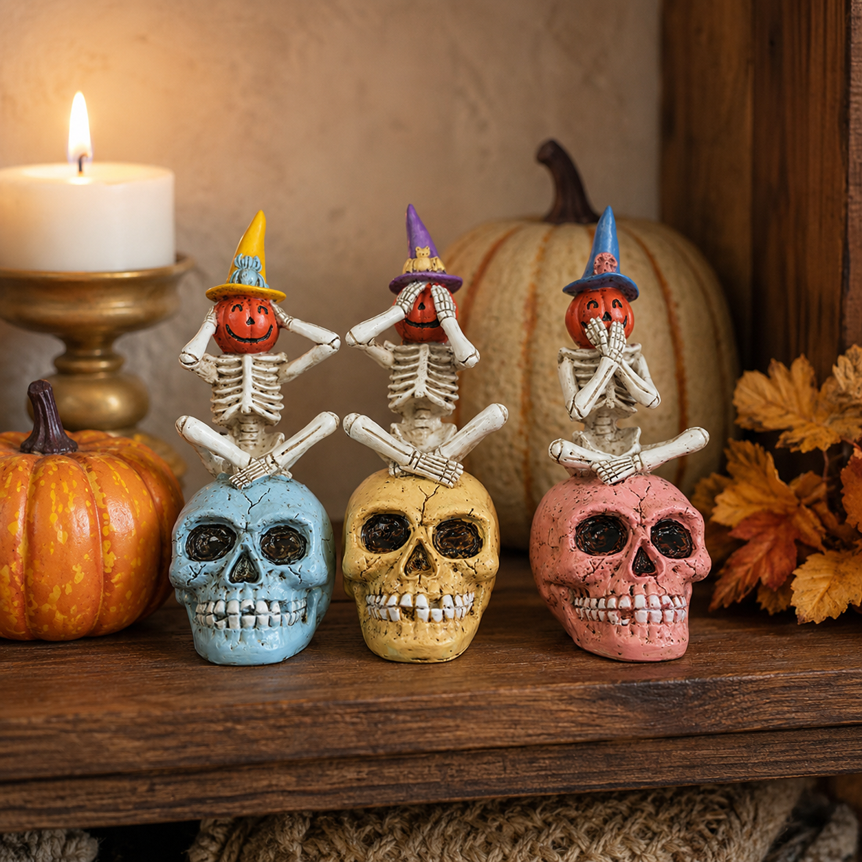 See No Evil, Hear No Evil, Speak No Evil Pumpkin Skeleton Figurine-HandPrint